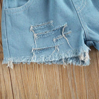 Load image into Gallery viewer, 2 Pieces Kid Girl Knotted Black Top And Denim Shorts Set Wholesale 7020549
