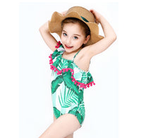 Load image into Gallery viewer, Two Pieces Little Girl Pom Pom Trim Off Shoulder Swimsuit And Hat Leaves Print Wholesale 6491625
