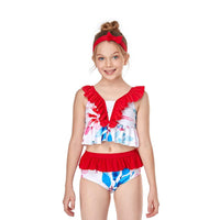 Load image into Gallery viewer, Kid Girl Flower Print Ruffle Trim Two Pieces Swimsuit Set Wholesale 5836494
