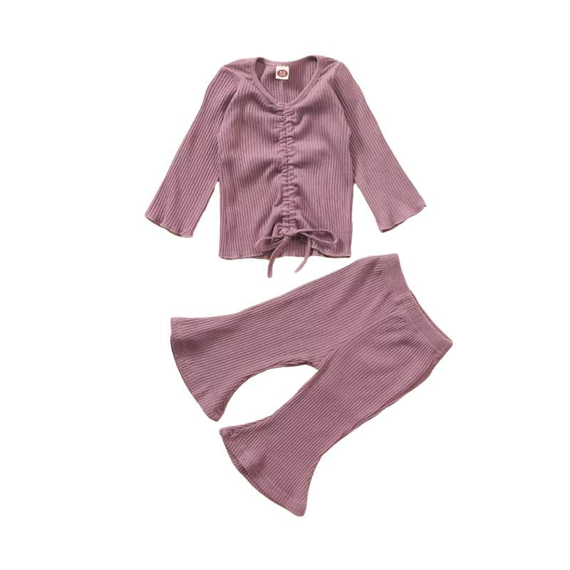 2-Piece Baby Toddler Girl Ribbed Ruched Drawstring Top And Flared Pants Set Wholesale 07044467
