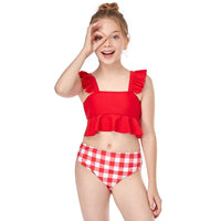 Load image into Gallery viewer, Two Pieces Kid Girl Swimsuit Set Ruffled Hem Top And Plaid Shorts Wholesale 3701490
