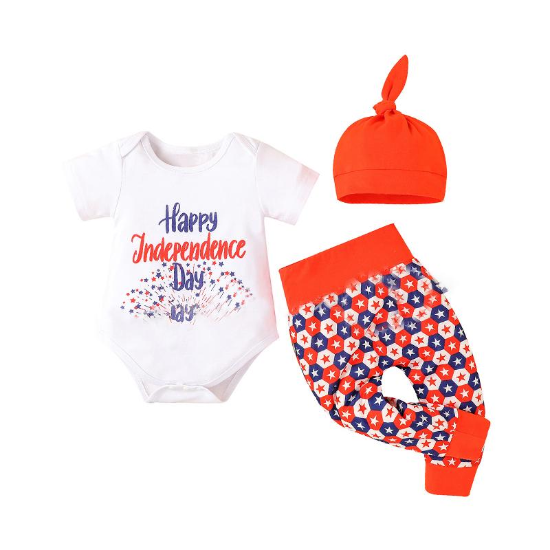 3 Pieces Baby Happy Independence Day Print Bodysuit & Star Trousers & Hat Outfit Wholesale 35602207