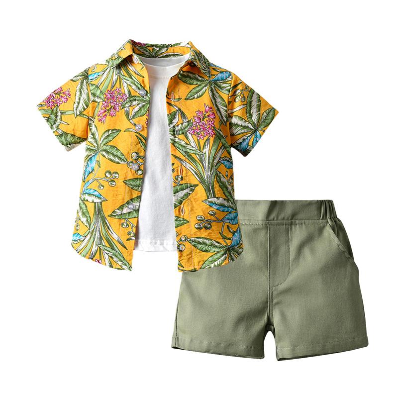 3-Piece Toddler Boy Plant Pattern Set Solid Color Tee & Leaves Shirt & Shorts Wholesale 4075246
