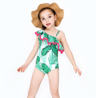 Load image into Gallery viewer, Two Pieces Little Girl Pom Pom Trim Off Shoulder Swimsuit And Hat Leaves Print Wholesale 6491625
