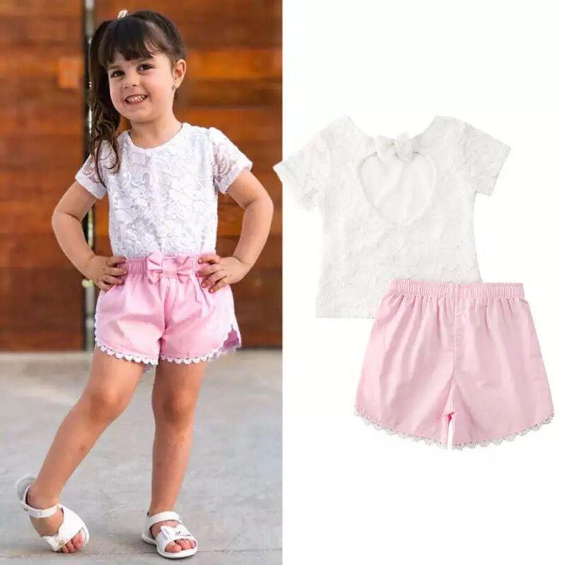 Two Pieces Kid Girl Lace Flower Top & Lace Trimming Shorts Set Wholesale 4768561