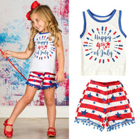 Load image into Gallery viewer, Baby Toddler Happy 4th Of July Tank Top And Pom Pom Hem Star Print Shorts Set Wholesale 4783016

