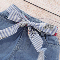 Load image into Gallery viewer, 2-Piece Baby Toddler Kid Girl Flower Stripe Off Shoulder Crop Top And Belted Ripped Denim Shorts Set Wholesale 30071848
