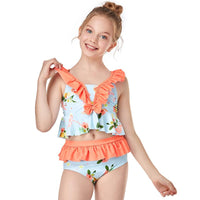 Load image into Gallery viewer, Kid Girl Flower Print Ruffle Trim Two Pieces Swimsuit Set Wholesale 5836494
