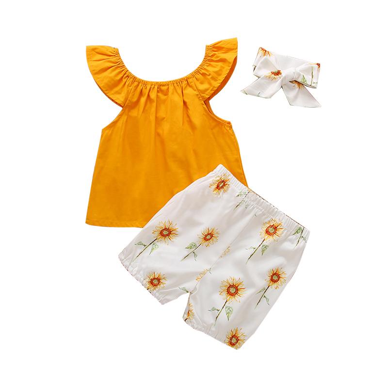 3 PCS Off Shoulder Top Sunflower Graphic Shorts Headband For Little Girl Wholesale 9156905