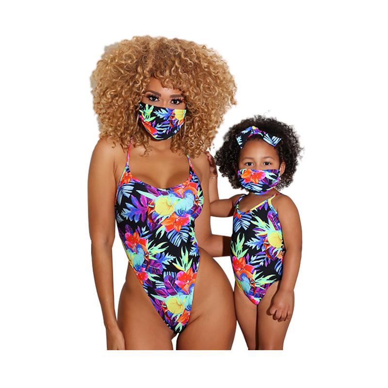 Mom And Me Leaves Print Swimsuit And Mask Wholesale 80841447