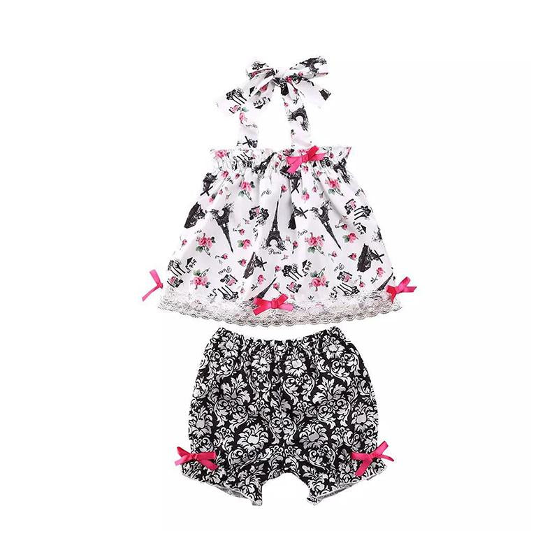 Two-Piece Little Girl Set Flower Tower Pattern Halter Neck Neck Top And Shorts  Wholesale 0700560