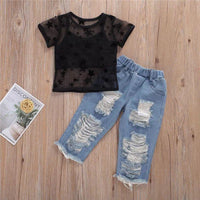 Load image into Gallery viewer, Three Pieces Kid Girl Star Mesh Top &amp; Cropped Cami Top &amp; Ripped Jeans Onesie Wholesale 1214553
