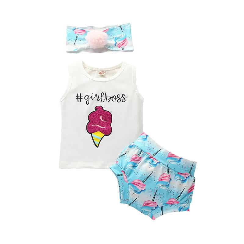 3-Piece Girlboss Ice Cream Print Tank Top & Shorts & Headband  Baby Girl Outfit Wholesale 80001701