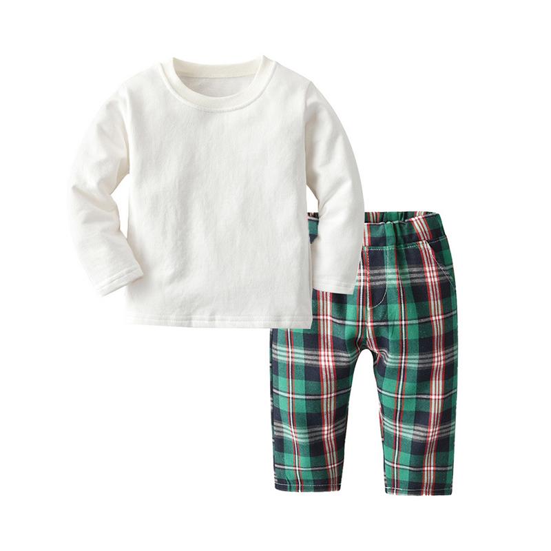 2 Pcs Toddler Boy Pajamas Set White Top & Plaid Trousers Wholesale 61405144
