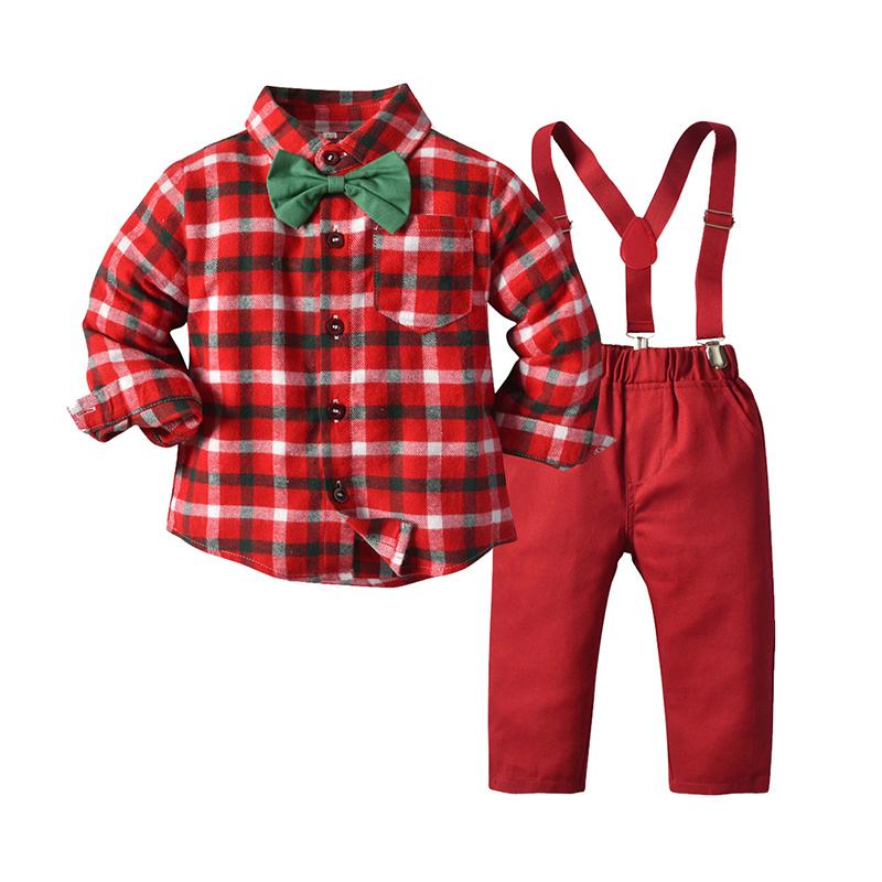 Two Pieces Little Boy Check Bowtie Shirt With Suspeneder Pants Set Wholesale 4236106