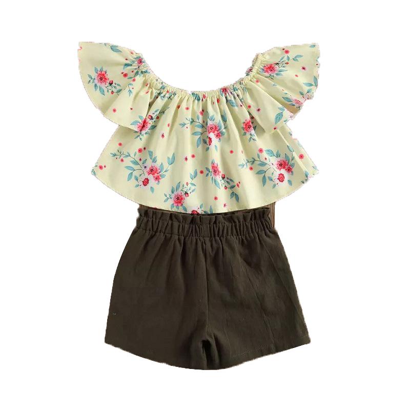2 PCS Kid Girl Set Flower Print Off Shoulder Top Matching Shorts  Wholesale 6249564