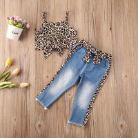 Load image into Gallery viewer, 2 Pieces Kid Girl Leopard Knotted Hem Cami Crop Top And Jeans Set Wholesale 6262552
