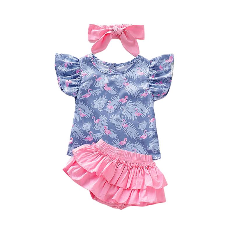 3-Piece Baby Toddler Girl Flutter Sleeve Top & Pink Layered Shorts & Headband Flamingo Print Set Wholesale 72881707
