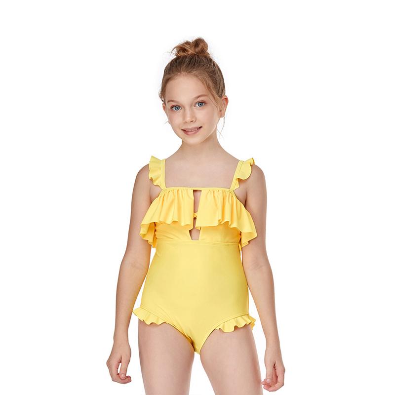 Kid Girls Ruffle Trim Plain One Piece Swimsuit Wholesale 4667492