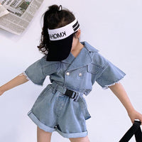 Load image into Gallery viewer, 2 Pieces Little Girl Denim Set Cropped Top Matching Belted Shorts Wholesale 46061916

