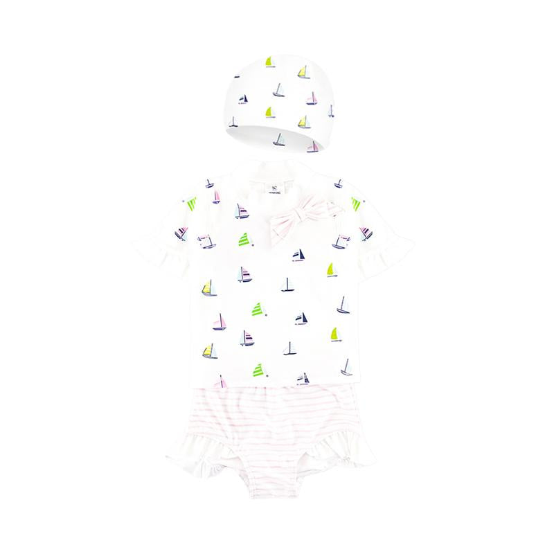 Three Pieces Girl Swimsuit Set Sailboat Top & Stripe Shorts & Hat Wholesale 6328611