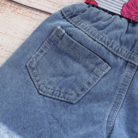 Load image into Gallery viewer, 2-Piece Baby Toddler Kid Girl Flower Stripe Off Shoulder Crop Top And Belted Ripped Denim Shorts Set Wholesale 30071848
