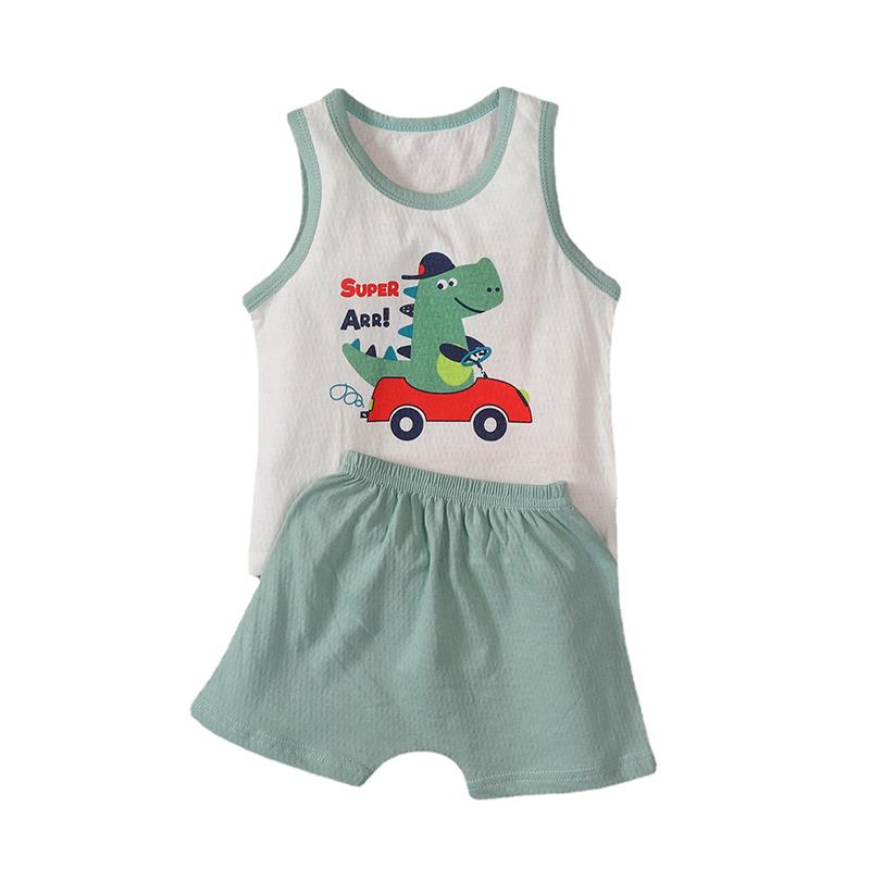 2 Pieces Baby Dinosaur & Car Print Tank Top With Shorts Set Wholesale 05081564
