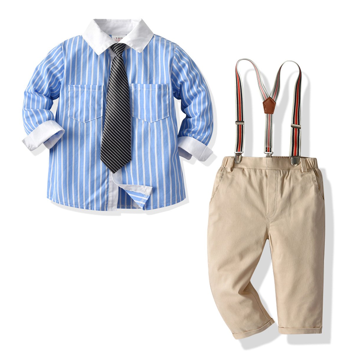 2 Pieces Kid Boy Outfit Bow Tie Stripe Shirt & Overall Pants Wholesale 69356795