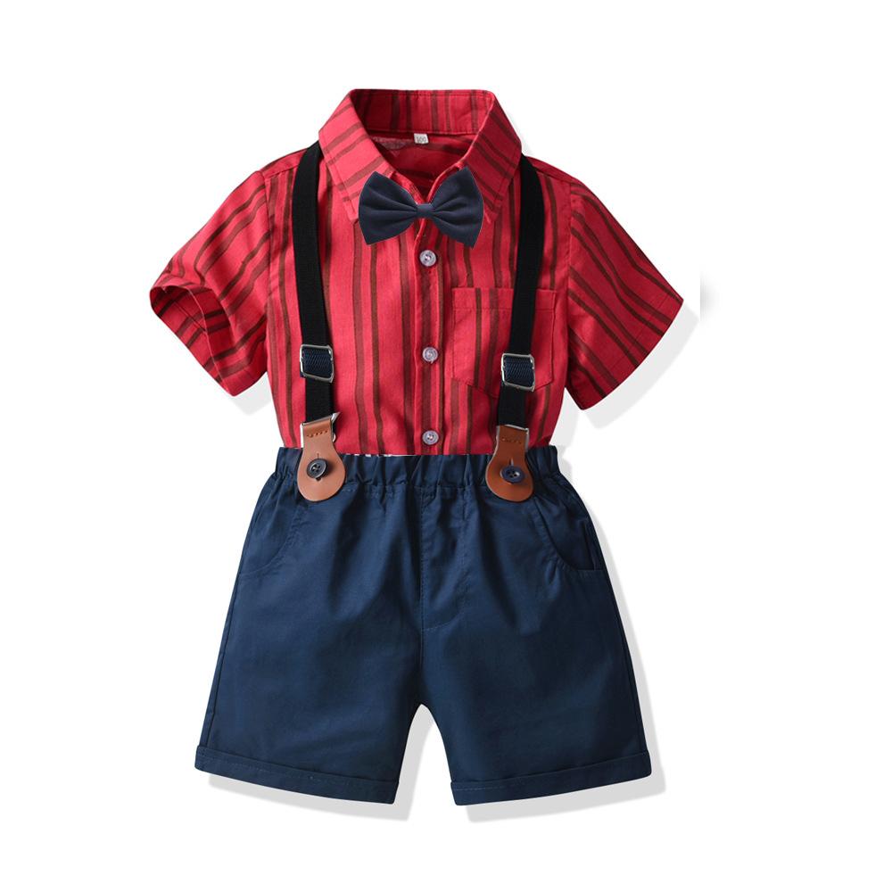 2 Pieces Set Baby Kid Boys Dressy Striped Bow Shirts And Solid Color Rompers Wholesale 220531577