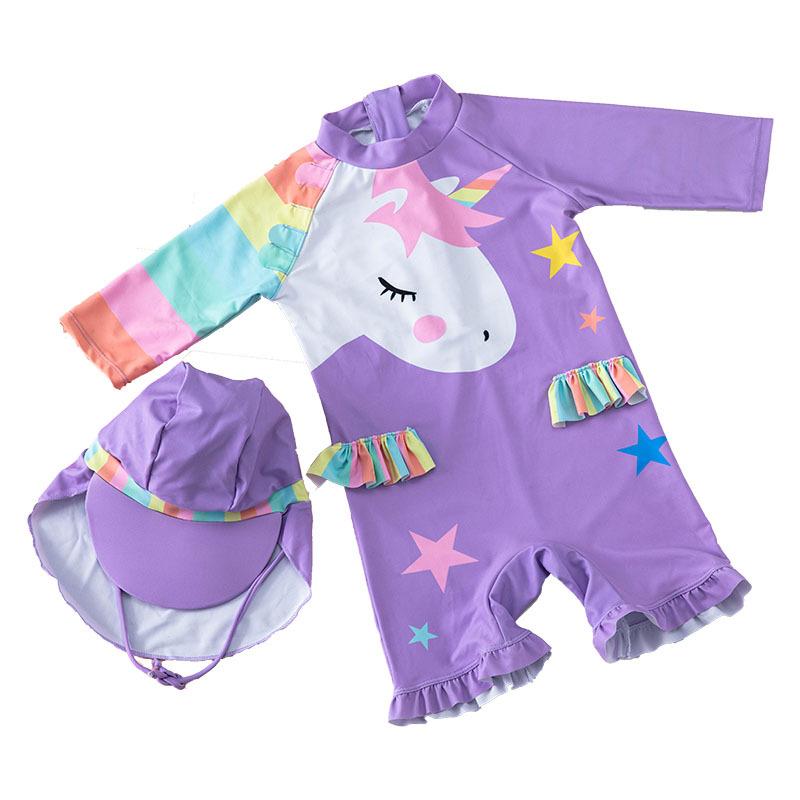 Two Pieces Kid Girl Unicorn Print Swimsui And Hat In Purple Wholesale 49962838