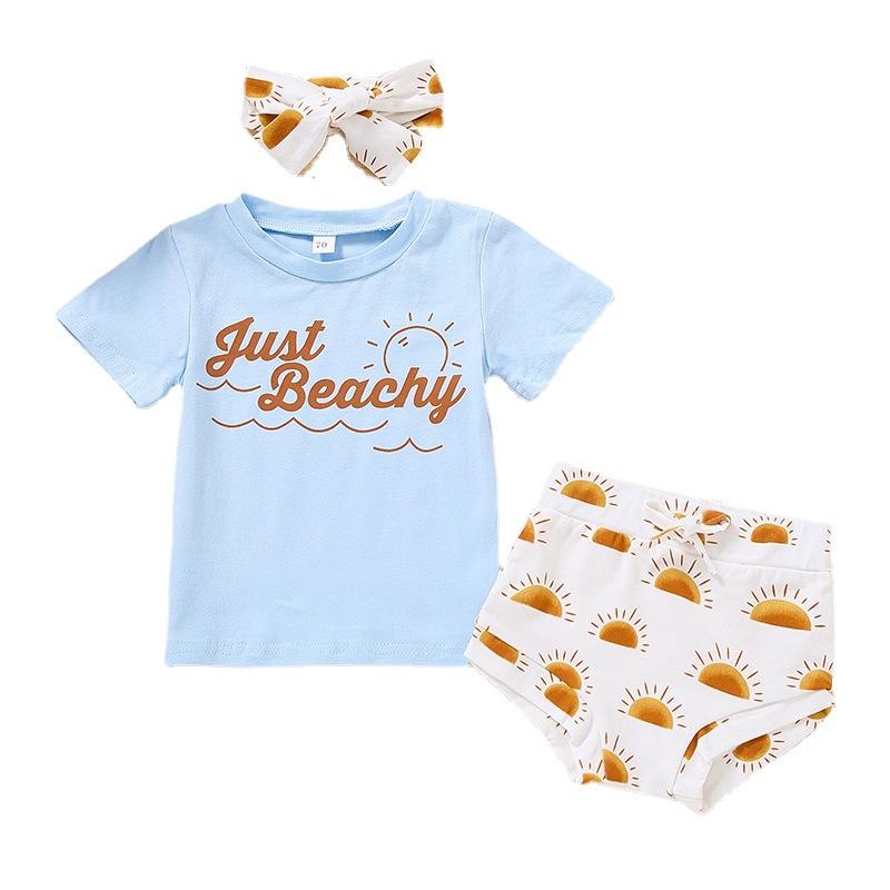 3 Pieces Baby Just Beachy Tee And Sun Print Shorts Headband Wholesale 94892891