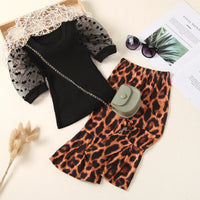 Load image into Gallery viewer, 2-Piece Girl Puff Sleeve Polka Dots Top Matching Leopard Bell Pants Set Wholesale 16622726
