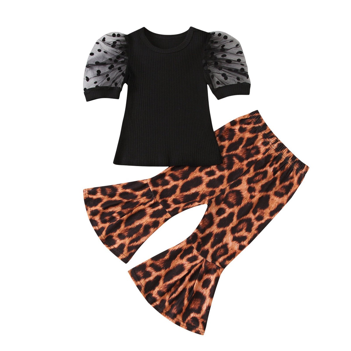 2-Piece Girl Puff Sleeve Polka Dots Top Matching Leopard Bell Pants Set Wholesale 16622726