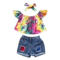 Load image into Gallery viewer, 3 Pieces Tie-dye Off Shoulder Top &amp; Sequins Denim Shorts &amp; Headband Set Wholesale 21512274
