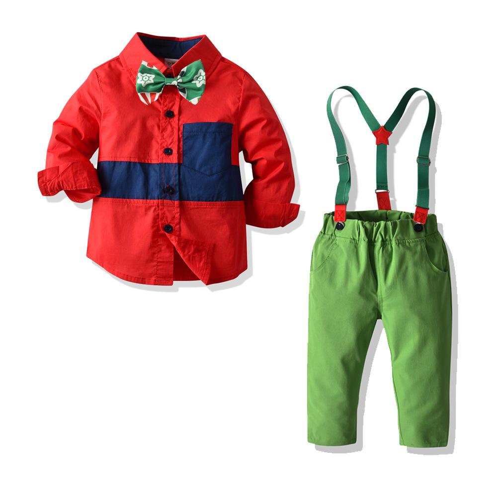 2 Pieces Kid Boy Outfit Color Blocking Bowtie Shirt Matching Overall Pants Wholesale 24886116