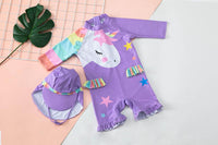 Load image into Gallery viewer, Two Pieces Kid Girl Unicorn Print Swimsui And Hat In Purple Wholesale 49962838
