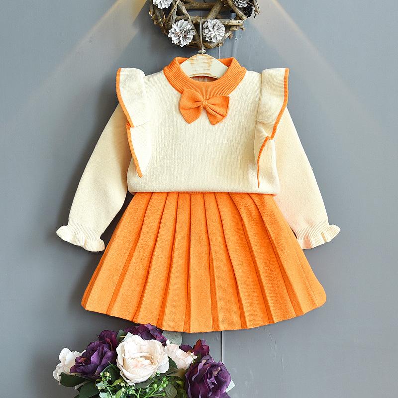 2 Pieces Set Baby Kid Girls Bow Tops And Solid Color Skirts Wholesale 22092732