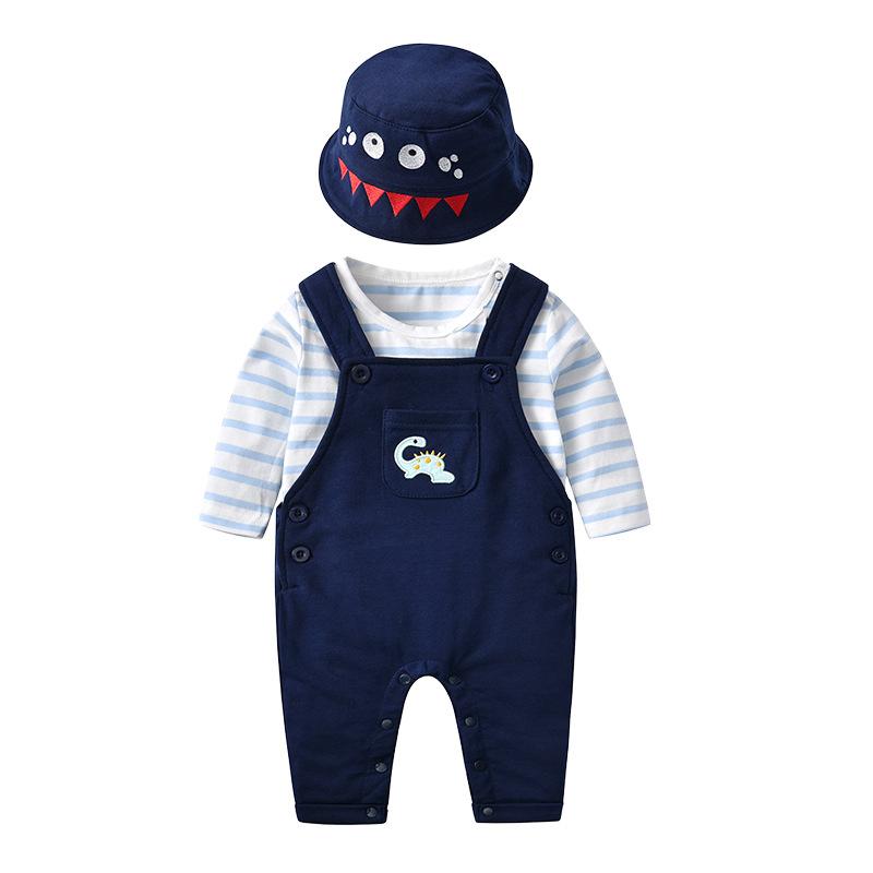 3 PCS Baby Boy Dinosaur Overalls & Stripe Bodysuit & Hat Set Wholesale 06382267