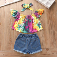 Load image into Gallery viewer, 3 Pieces Tie-dye Off Shoulder Top &amp; Sequins Denim Shorts &amp; Headband Set Wholesale 21512274
