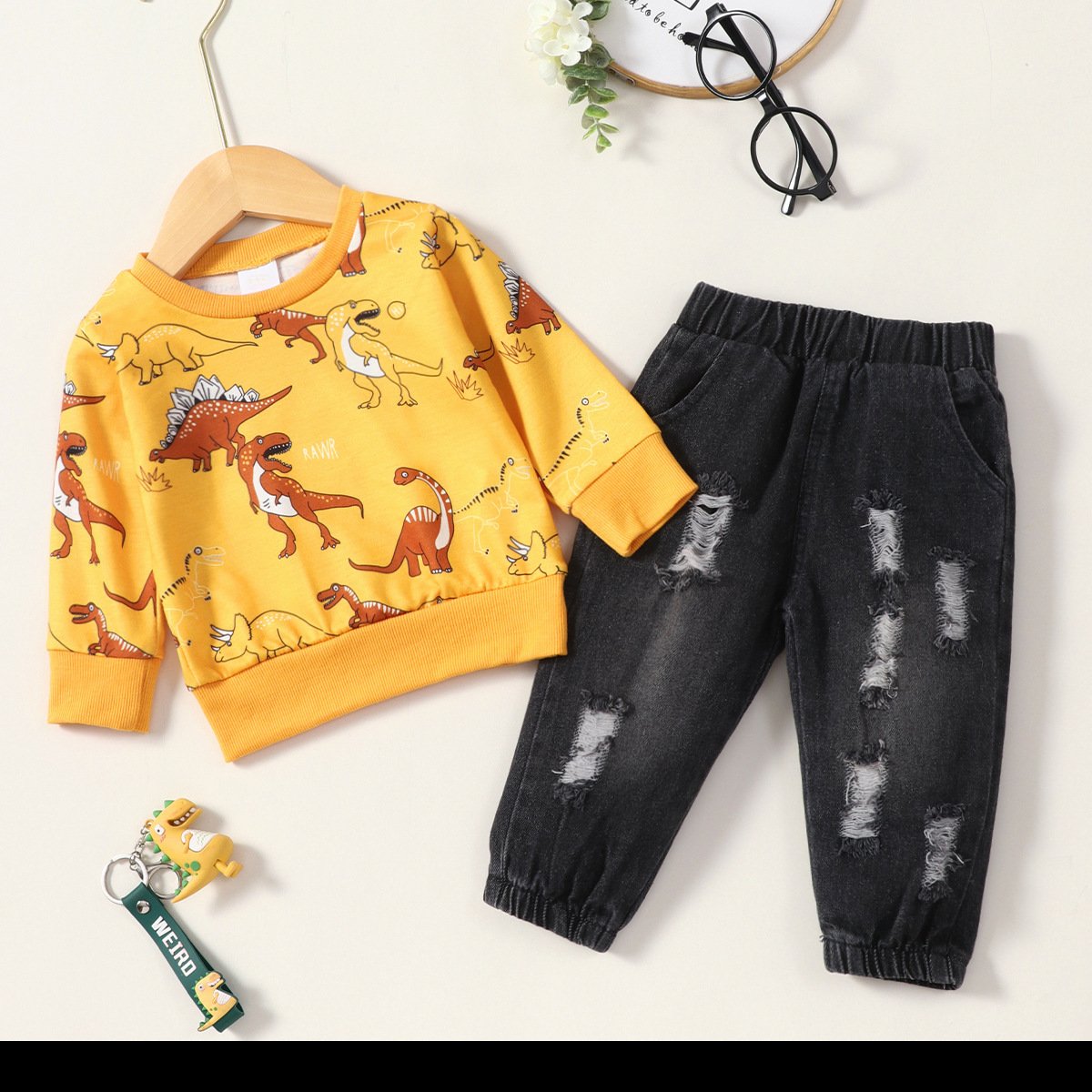 2 Pieces Set Baby Kid Boys Dinosaur Print Hoodies Swearshirts And Ripped Pants Wholesale 221220175