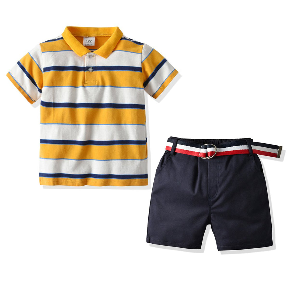 2 PCS Stripe Polo Shirt Matching Belted Shorts Set For Kid Boy Wholesale 87842264