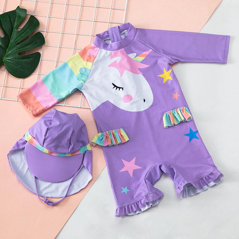 Two Pieces Kid Girl Unicorn Print Swimsui And Hat In Purple Wholesale 49962838