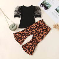 Load image into Gallery viewer, 2-Piece Girl Puff Sleeve Polka Dots Top Matching Leopard Bell Pants Set Wholesale 16622726
