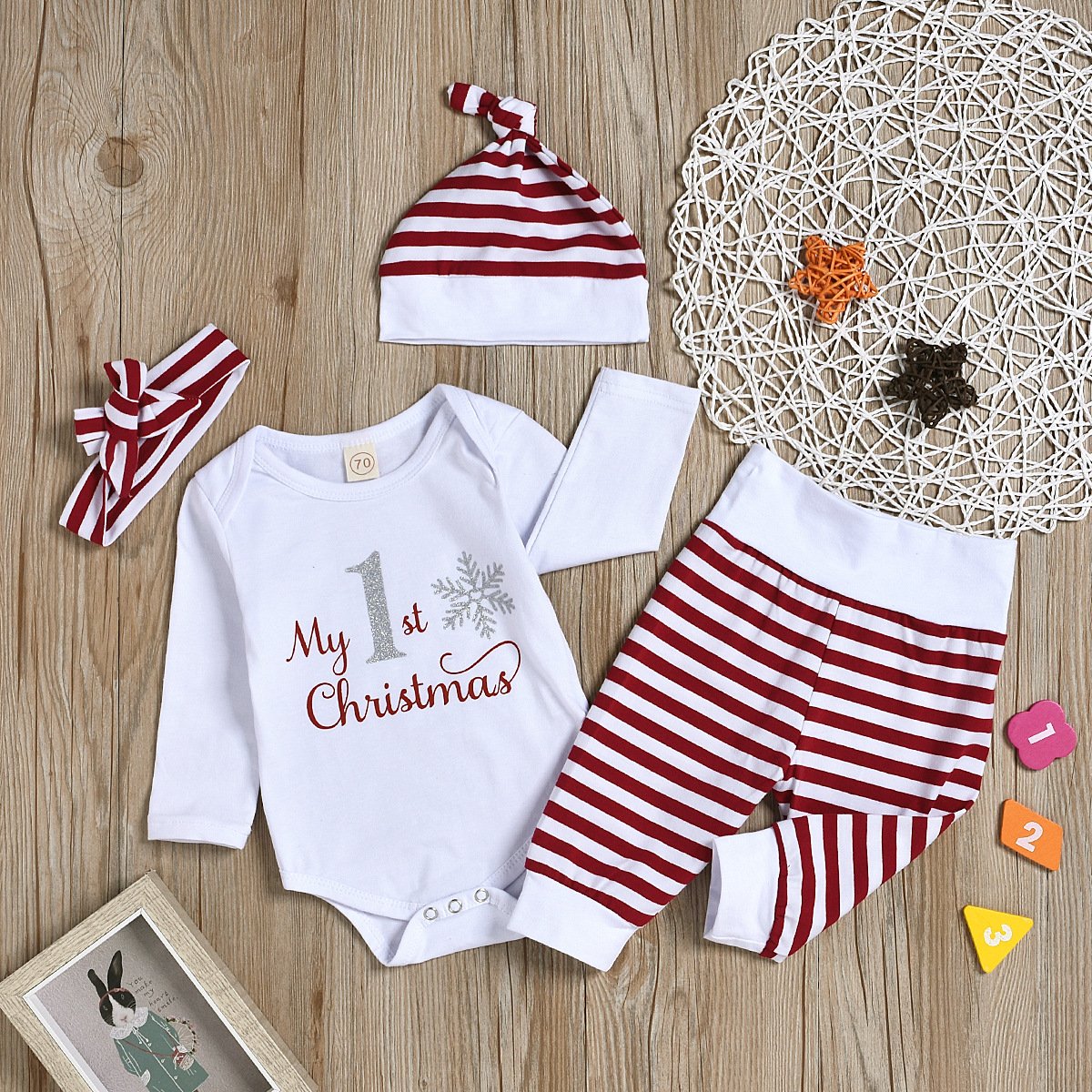 4 Pieces Baby My First Christmas Stripe Set Bodysuit & Pants & Hat & Headband Wholesale 39093779