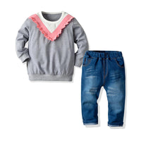 Load image into Gallery viewer, 2 Pieces Kid Girl Stripe Top Matching Denim Pants Outfit Wholesale 20194433
