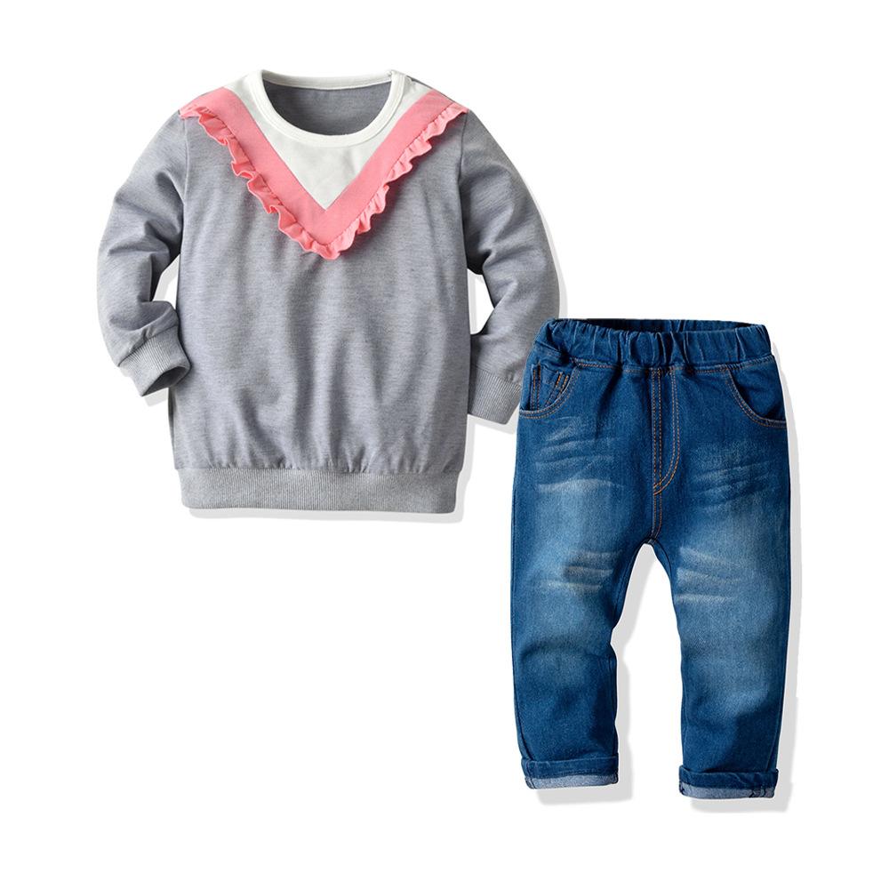 2 Pieces Kid Girl Stripe Top Matching Denim Pants Outfit Wholesale 20194433