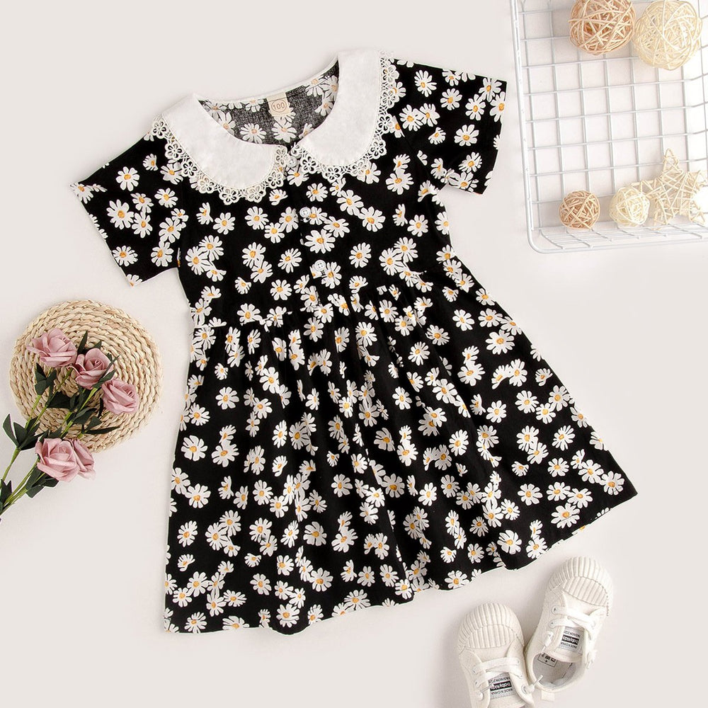 Kid Girl Contrast Collar Floral Print Dress Wholesale 00952730