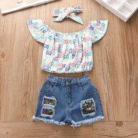 Load image into Gallery viewer, 3 Pieces Letter Star Print Set Top &amp; Sequins Denim Shorts &amp; Headband Wholesale 55152280
