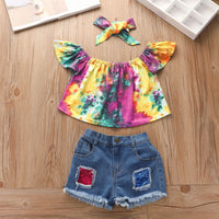 Load image into Gallery viewer, 3 Pieces Tie-dye Off Shoulder Top &amp; Sequins Denim Shorts &amp; Headband Set Wholesale 21512274
