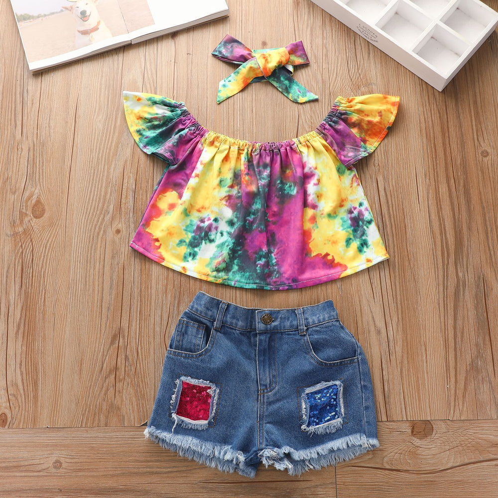 3 Pieces Tie-dye Off Shoulder Top & Sequins Denim Shorts & Headband Set Wholesale 21512274